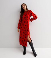 New Look Red Floral High Neck Long Puff Sleeve Split Hem Midi Dress